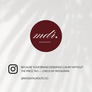 Op de afbeelding: Een donkerrood cirkelvormig logo met de witte tekst mdr. en MYDIGITALROUTE. Onder het logo staat een zwart Instagram-pictogram, de tekst BECAUSE YOUR BRAND DESERVES LUXURY WITHOUT THE PRICE TAG &mdash; CHECK MY INSTAGRAM., en @MYDIGITALROUTE.CO.