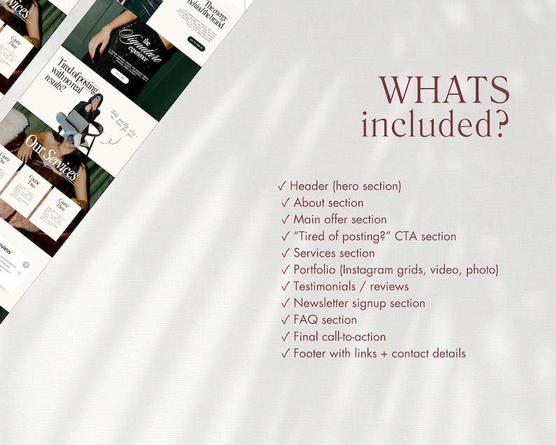 Puede incluir: Presentaci&oacute;n de servicios de marketing digital con fondo blanco. La imagen incluye maquetas de sitios web y una lista de servicios incluidos, como encabezado, informaci&oacute;n y secciones de oferta principal. El texto dice "Whats included?"