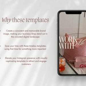 Puede incluir: Un tel&eacute;fono inteligente que muestra una plantilla digital con el texto WORK WITH ME, un coj&iacute;n rosa, un bolso peque&ntilde;o rosa y un vaso con l&iacute;quido naranja. El lado izquierdo incluye el texto Why these templates y tres vi&ntilde;etas.