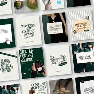 May include: A collection of social media posts with a consistent design. Each square features a white background with dark green borders and text. The text includes phrases like "Why Does Her Content Always Convert" and "Steal My Content Routine."