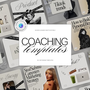 Könnte beinhalten: Eine Sammlung von Instagram-Vorlagen mit minimalistischer Ästhetik. Das zentrale Design zeigt den Text "COACHING Templates" in eleganter Schrift, umgeben von anderen Vorlagen mit Text wie "Product" und "How to Build a Personal Brand".