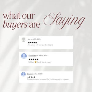 Puede incluir: Imagen que muestra testimonios de clientes con el texto "what our buyers are saying". Los testimonios est&aacute;n en cuadros blancos con nombres de usuarios y fechas. Una rese&ntilde;a dice "Yes easy to edit and love the designs". Otra dice "Brilliant thank you so much."