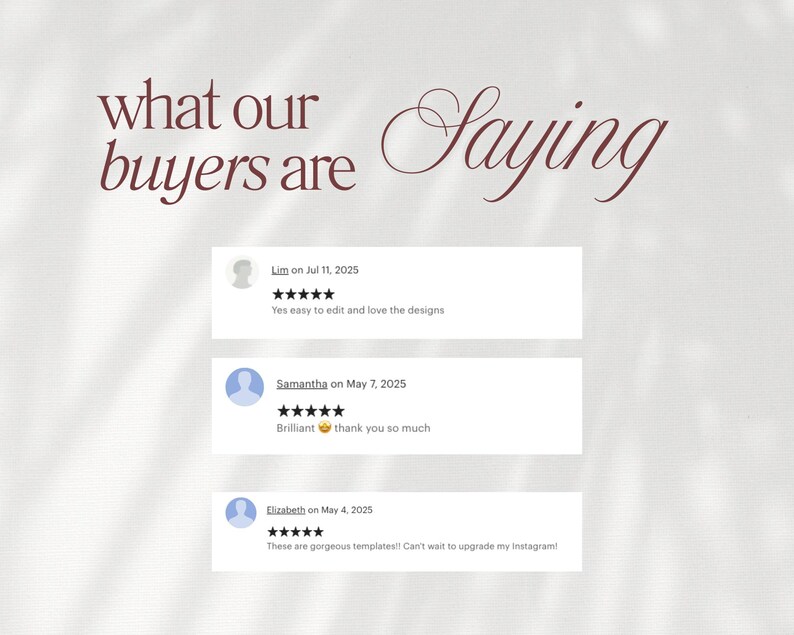 Puede incluir: Imagen que muestra testimonios de clientes con el texto "what our buyers are saying". Los testimonios est&aacute;n en cuadros blancos con nombres de usuarios y fechas. Una rese&ntilde;a dice "Yes easy to edit and love the designs". Otra dice "Brilliant thank you so much."