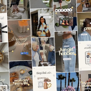 May include: A collage of social media posts featuring lifestyle imagery, including coffee cups, a candle, clothing, a digital camera, and text overlays such as New York, Evening Lineup, fun girl hobbies, and what's in my wishlist, arranged in a grid.