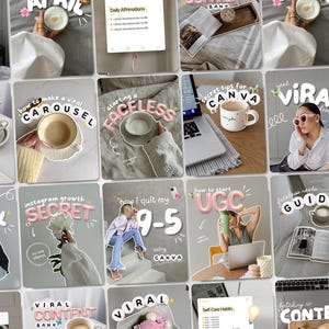 May include: A grid of social media posts with various themes. The images include coffee cups, laptops, and text like "Viral Content" and "Secret Tips for Canva." The colour scheme is predominantly pink, white, and grey, with floral accents.