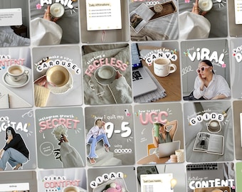 May include: A collection of social media graphics with text overlays. The images feature coffee cups, laptops, and text such as "Viral Content," "How to Make a Viral Carousel," and "Secret Tips for Canva." The color palette includes pink, white, and gray.