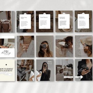 May include: A collection of social media templates with a neutral color palette. The templates feature text overlays such as "Build Your Brand", "Define Your Voice", and "How to Boost Engagement". The overall aesthetic is modern and minimalist, suitable for business or lifestyle content.