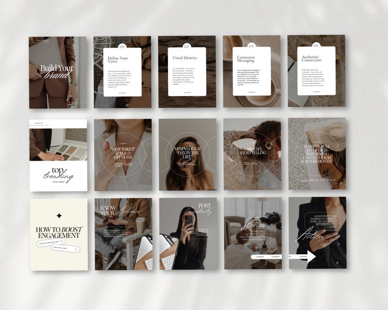 May include: A collection of social media templates with a neutral color palette. The templates feature text overlays such as "Build Your Brand", "Define Your Voice", and "How to Boost Engagement". The overall aesthetic is modern and minimalist, suitable for business or lifestyle content.