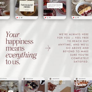 May include: A promotional image with a light background and several Instagram-style posts. Text includes "meal prep tutorial", "Feed your gut, fuel your soul", and "Your happiness means everything to us." Additional text reads "We're always here for you."