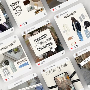 May include: A collection of Instagram-style posts featuring lifestyle content. The posts showcase various themes, including "what's in my bag," "outfit check," and "monthly Amazon favorites." Each post includes images of products and text overlays, with a consistent aesthetic.