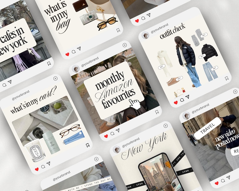 May include: A collection of Instagram-style posts featuring lifestyle content. The posts showcase various themes, including "what's in my bag," "outfit check," and "monthly Amazon favorites." Each post includes images of products and text overlays, with a consistent aesthetic.