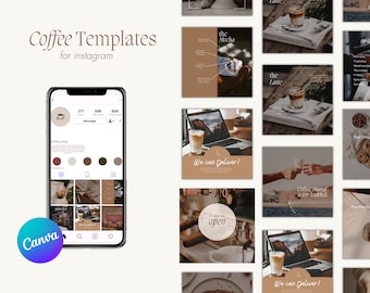 May include: A collection of Instagram templates for a coffee shop. The templates feature images of coffee drinks, coffee shop interiors, and text overlays. The text includes "the Mocha", "the Latte", "We can Deliver!" and "Coffee shared is joy doubled."