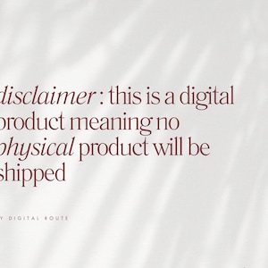 Puede incluir: Descargo de responsabilidad para un producto digital en fuente burdeos sobre fondo blanco. El texto dice: "disclaimer: this is a digital product meaning no physical product will be shipped." El texto "MY DIGITAL ROUTE" est&aacute; en la parte inferior.