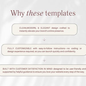 May include: A light beige graphic with the text "Why these templates". The text describes the templates as clean, modern, and elegant, fully customizable, and built with customer satisfaction in mind.