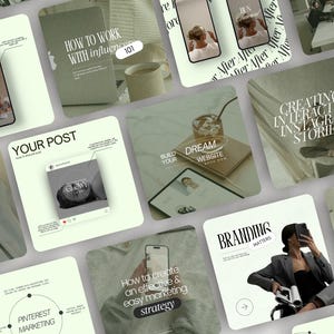 Peut inclure: Un collage de carrés verts et blancs avec du texte et des images. Le texte comprend "Comment travailler avec les influenceurs 101", "Votre publication", "Site Web de rêve", "Créer des stories Instagram interactives", "L'image de marque compte", "Marketing Pinterest", et "Comment créer une stratégie marketing efficace et facile". Les images comprennent un téléphone avec un graphique d'une famille, un téléphone avec un graphique d'un orbe brillant, un verre de liquide, une femme en costume gris et une femme en costume gris tenant un téléphone.