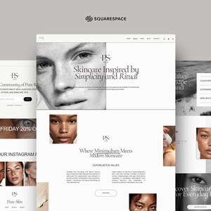 Op de afbeelding: Een website-ontwerp voor een huidverzorgingsmerk, met een strakke, minimalistische esthetiek. Het ontwerp bevat afbeeldingen van diverse gezichten, productfoto's en tekst zoals "Skincare Inspired by Simplicity and Ritual" en "Pure Skin". Het Squarespace-logo is zichtbaar.