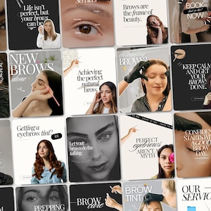 May include: A grid of social media posts advertising eyebrow treatments. Each square displays a woman, text, and images related to eyebrow shaping, tinting, and beauty. The posts use a neutral colour palette with text such as "New Brows Done" and "Perfect Eyebrows Aren't a Myth."