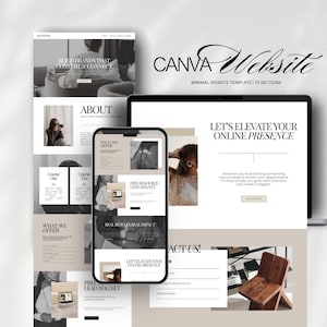 Puede incluir: Una maqueta digital que muestra una plantilla de sitio web de Canva en varios dispositivos. El diseño presenta una estética minimalista con una paleta de colores neutros y el texto "CANVA Website" y "LET'S ELEVATE YOUR ONLINE PRESENCE".