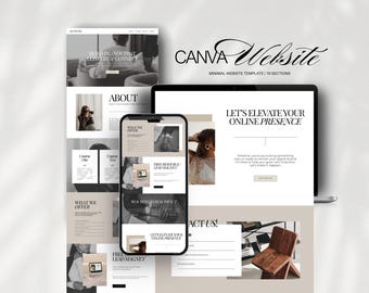 Könnte beinhalten: Ein digitales Mockup, das eine Canva-Website-Vorlage auf mehreren Geräten zeigt. Das Design zeichnet sich durch eine minimalistische Ästhetik mit einer neutralen Farbpalette und dem Text "CANVA Website" und "LET'S ELEVATE YOUR ONLINE PRESENCE" aus.