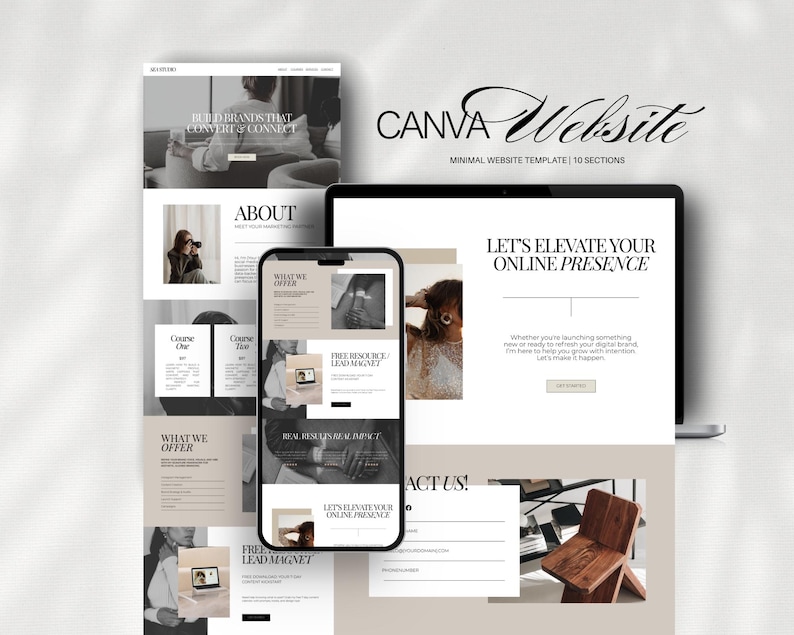 Elegant Canva Website Template for social media managers, coaches, digital marketers, and entrepreneurs — a one-page beige aesthetic website design featuring 10 pre-designed sections including hero, about, services, courses, testimonials, contact, and more. The template is fully customizable in Canva, mobile-responsive, and designed to help creative professionals easily launch a polished and professional online presence without coding. Layouts are minimal, modern, and client-focused