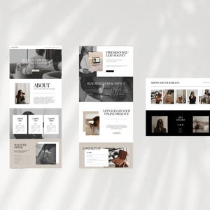 Pu&ograve; includere: Tre mockup di siti web dal design minimalista. Il primo mockup mostra il testo "Build brands that clients love & connect" e "About". Il secondo mockup mostra "Free resource/lead magnet" e "Real results real impact". Il terzo mockup mostra "Showcase your brand".