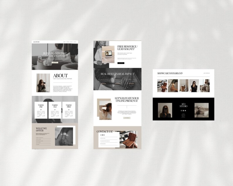 Pu&ograve; includere: Tre mockup di siti web dal design minimalista. Il primo mockup mostra il testo "Build brands that clients love & connect" e "About". Il secondo mockup mostra "Free resource/lead magnet" e "Real results real impact". Il terzo mockup mostra "Showcase your brand".