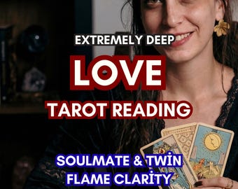 May include: A woman smiling, holding tarot cards. Text overlay reads "EXTREMELY DEEP LOVE TAROT READING SOULMATE & TWIN FLAME CLARITY". The cards feature illustrations of figures and celestial bodies.