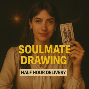 Op de afbeelding: Een vrouw houdt een tarotkaart vast met een illustratie van twee figuren. De afbeelding heeft tekst die luidt "SOULMATE DRAWING" en "HALF HOUR DELIVERY" in geel en wit. De achtergrond is donker met een ster en een halve maan.