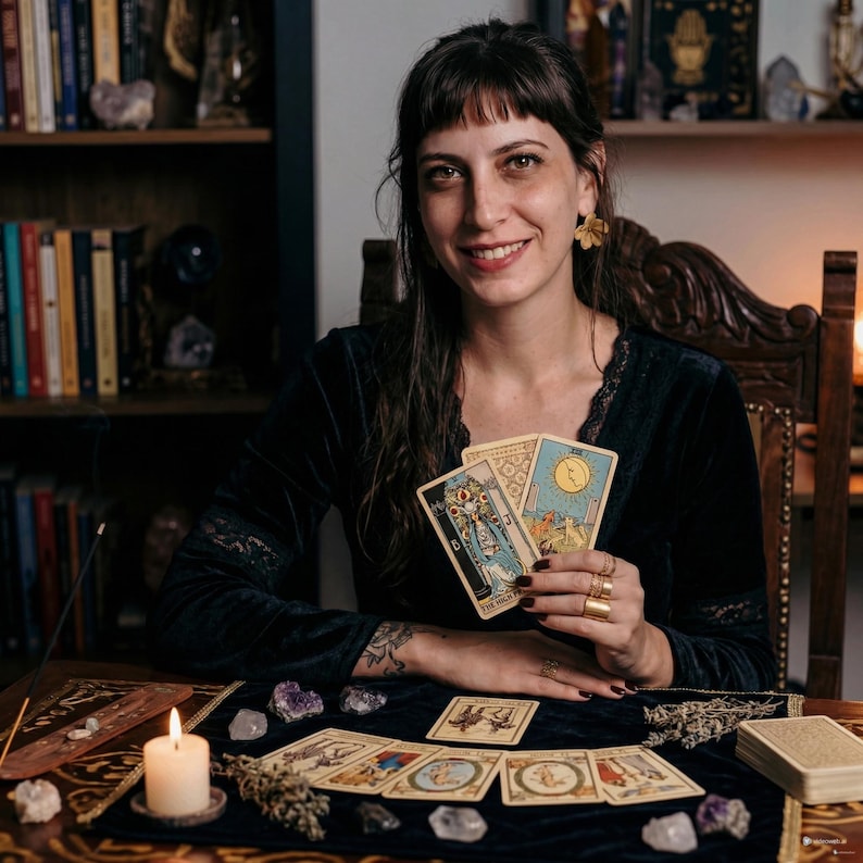 Puede incluir: Una persona sosteniendo cartas del tarot, con una vela y otras cartas sobre una mesa. La persona est&aacute; sonriendo y lleva un vestido de terciopelo azul oscuro. La mesa est&aacute; cubierta con un pa&ntilde;o azul oscuro y tiene cristales y hierbas secas.