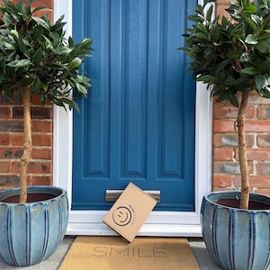 May include: A teal blue front door with a silver door knocker and mail slot. A package with a smiley face logo rests on a doormat that reads "SMILE". Two potted trees flank the door, set against a brick wall.