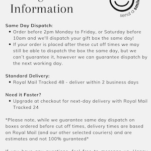 May include: A white background displays postage information, including same-day dispatch details and standard delivery options. A small, black and white smiley face logo is in the upper right corner. The text includes details about delivery times and guarantees.