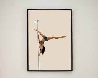 May include: A framed illustration of a woman performing a pole dance. The woman is wearing a dark green bikini top and black bikini bottoms. The background is a light beige color. The illustration is framed in black.