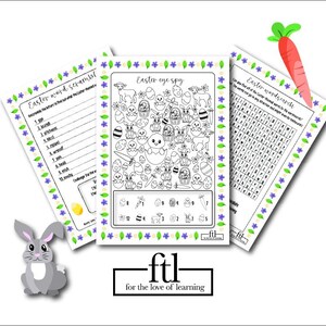 May include: Three printable Easter activity sheets for kids. The first sheet is a word scramble, the second is an eye spy game, and the third is a word search. All sheets have a green and purple floral border.