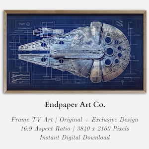 Peut inclure: Une illustration numérique du vaisseau spatial Millennium Falcon sur un fond de plan bleu. L'image est encadrée d'un cadre ton bois. Le texte "Endpaper Art Co." est sous l'image. Le texte "Frame TV Art | Original + Exclusive Design" est sous le nom de la société. Le texte "16:9 Aspect Ratio | 3840 x 2160 Pixels" est sous le texte précédent. Le texte "Instant Digital Download" est sous le texte précédent.