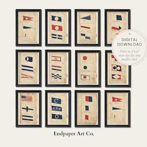 Láminas de arte folclórico náutico con banderas de Nantucket, láminas antiguas de estilo náutico para guardería / 12 imágenes JPG para descarga digital