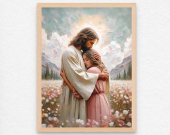 Jesus Hugging Woman, Christian Art, Jesus with Girl, Jesus Heals Woman, Jesus Portrait, LDS Art, Bible Painting, Christ Download Prints PNG