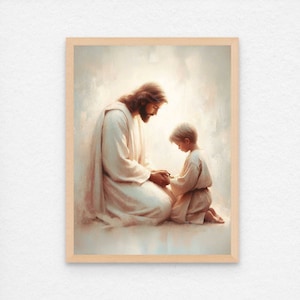 Jesus and Boy, Christian Painting, Jesus with Children Art, Jesus Painting, LDS Art, Bible Verse Wall Art, Christian Nursery Printable Art