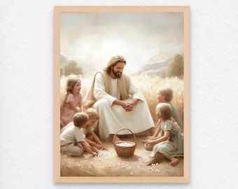 Jesus Teaching Children, Christian Art, Jesus and Kids Art, Digital Jesus Christ Art, LDS Art, Christian Printable, Bible Printable Wall Art