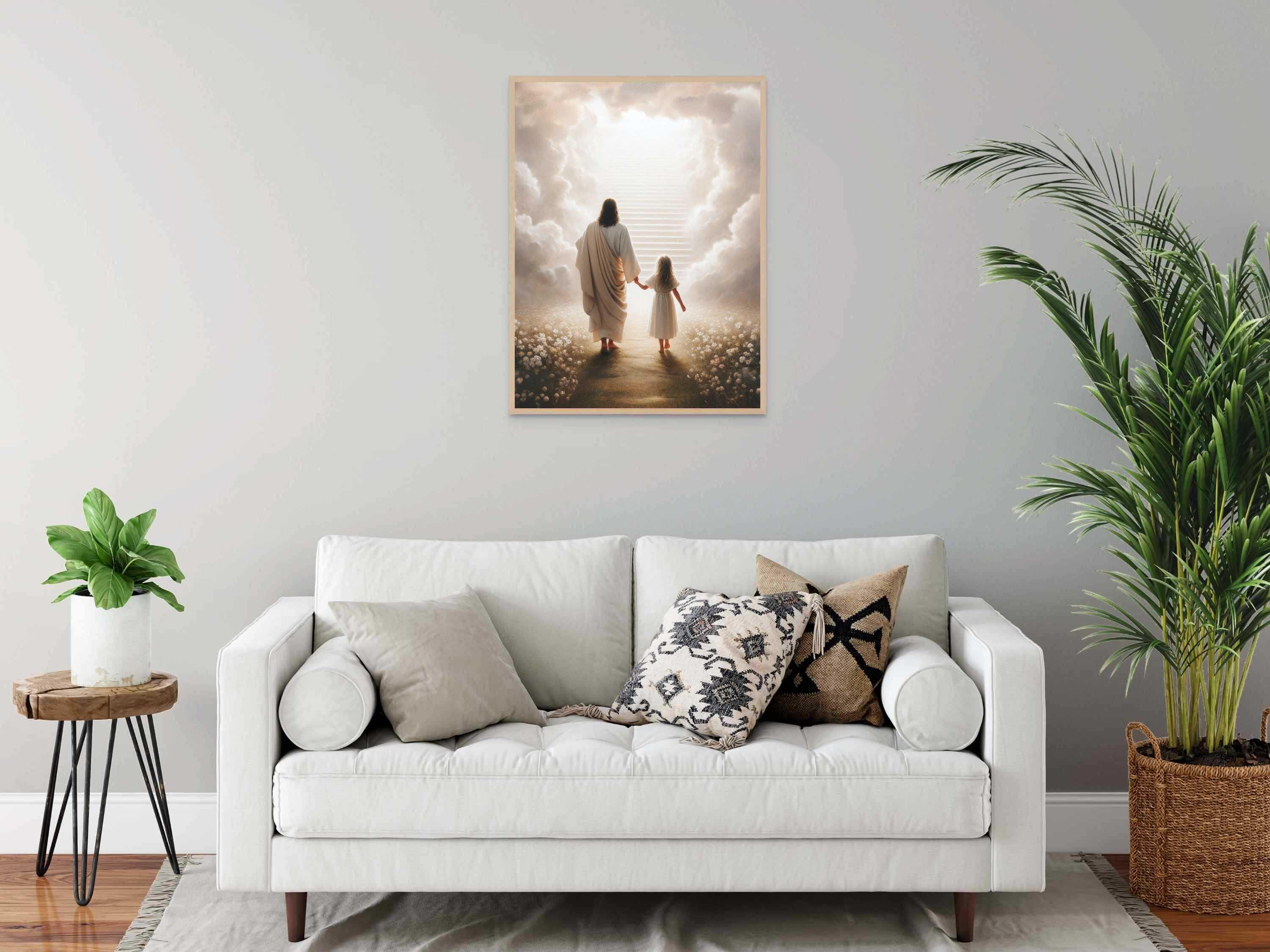 天国を見つける、キリスト教の壁画、少女と歩くイエス、イエスの絵