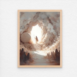 Puede incluir: Una pintura que representa una figura con una t&uacute;nica blanca que emerge de una cueva, con una gran piedra rodada. La figura sostiene un bast&oacute;n y camina hacia una luz brillante. Hay personas reunidas en primer plano, mirando hacia la figura.
