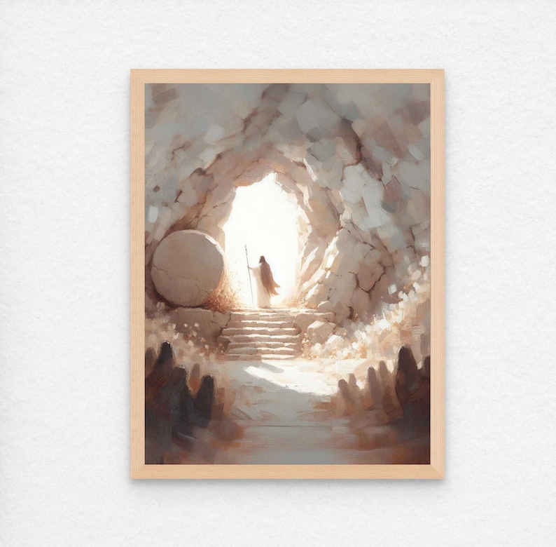 Puede incluir: Una pintura que representa una figura con una t&uacute;nica blanca que emerge de una cueva, con una gran piedra rodada. La figura sostiene un bast&oacute;n y camina hacia una luz brillante. Hay personas reunidas en primer plano, mirando hacia la figura.