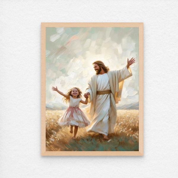 Un día para bailar, pintura cristiana, Jesús con niña, arte mural cristiano, decoración SUD digital, arte bíblico, Jesús bailando con niña
