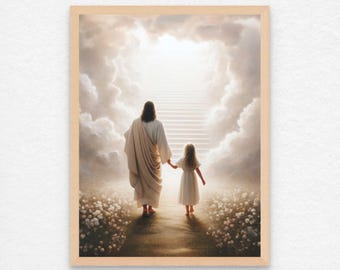 Att hitta himlen, kristen väggkonst, Jesus går med flicka, bild av Jesus, LDS-konst, bibelväggkonst, Kristus med barn, Jesusväggkonst