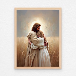 May include: A painting of a man and a woman embracing in a field of tall grass. The man is wearing a long, brown robe and the woman is wearing a white dress. The painting is done in a realistic style and has a warm, inviting feel.