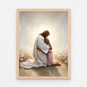 Hij houdt van haar, christelijke muurkunst, Jezus knuffelt meisje, Jezus schilderij, LDS Art, afdrukbare bijbel, Jezus met kinderen, christelijk schilderij