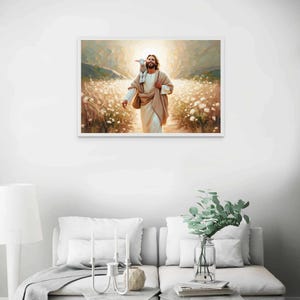 K&ouml;nnte beinhalten: Ein Gem&auml;lde von Jesus, der durch ein Feld mit Blumen geht und ein wei&szlig;es Lamm auf seinen Schultern tr&auml;gt. Das Gem&auml;lde ist in Wei&szlig; gerahmt und ein warmes, goldenes Licht scheint auf Jesus herab.
