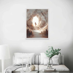 Puede incluir: Una pintura de una persona con t&uacute;nicas blancas saliendo de una cueva con una gran piedra rodada. La cueva est&aacute; iluminada por una luz brillante que proviene de la abertura. La persona camina hacia un grupo de personas que est&aacute;n de pie en la distancia.