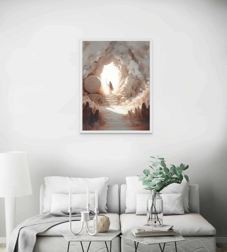 Puede incluir: Una pintura de una persona con t&uacute;nicas blancas saliendo de una cueva con una gran piedra rodada. La cueva est&aacute; iluminada por una luz brillante que proviene de la abertura. La persona camina hacia un grupo de personas que est&aacute;n de pie en la distancia.