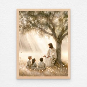 Jesús enseñando a los niños, arte cristiano moderno, Jesús con niños, imagen de Jesús, arte mural SUD, bocetos bíblicos, Jesús con niños, arte de Jesús