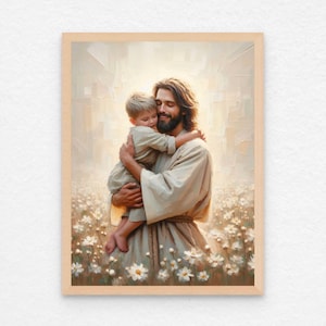 Glücklich mit Christus, moderne christliche Kunst, Jesus und Junge, Bild von Christus, HLT Kunst, Bibelkunst, Christus mit Kindern, Bild von Jesus, Jesus Kunst